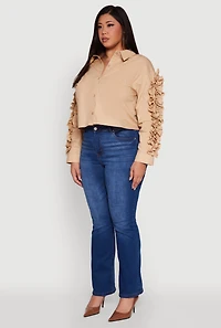 Womens Plus Ruffle Trim Long Sleeve Cropped Shirt, Beige,