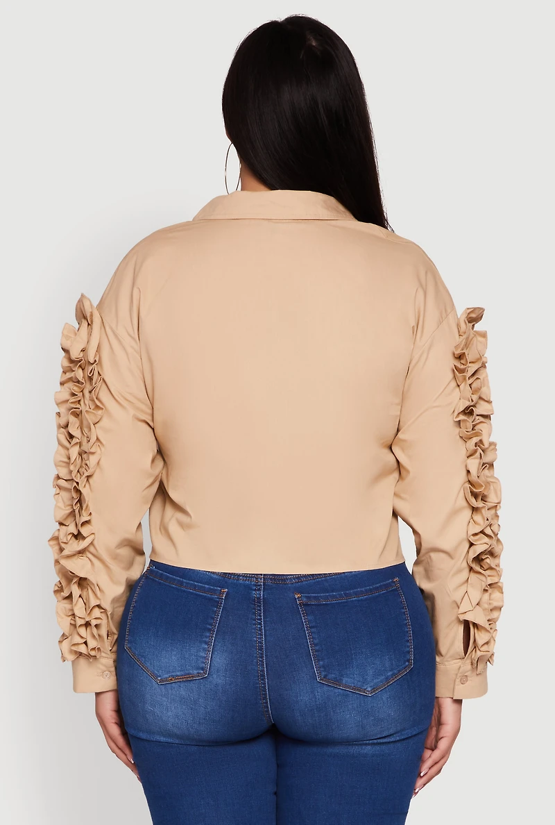 Womens Plus Ruffle Trim Long Sleeve Cropped Shirt, Beige,