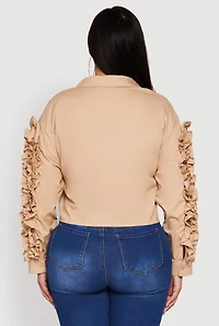 Womens Plus Ruffle Trim Long Sleeve Cropped Shirt, Beige,