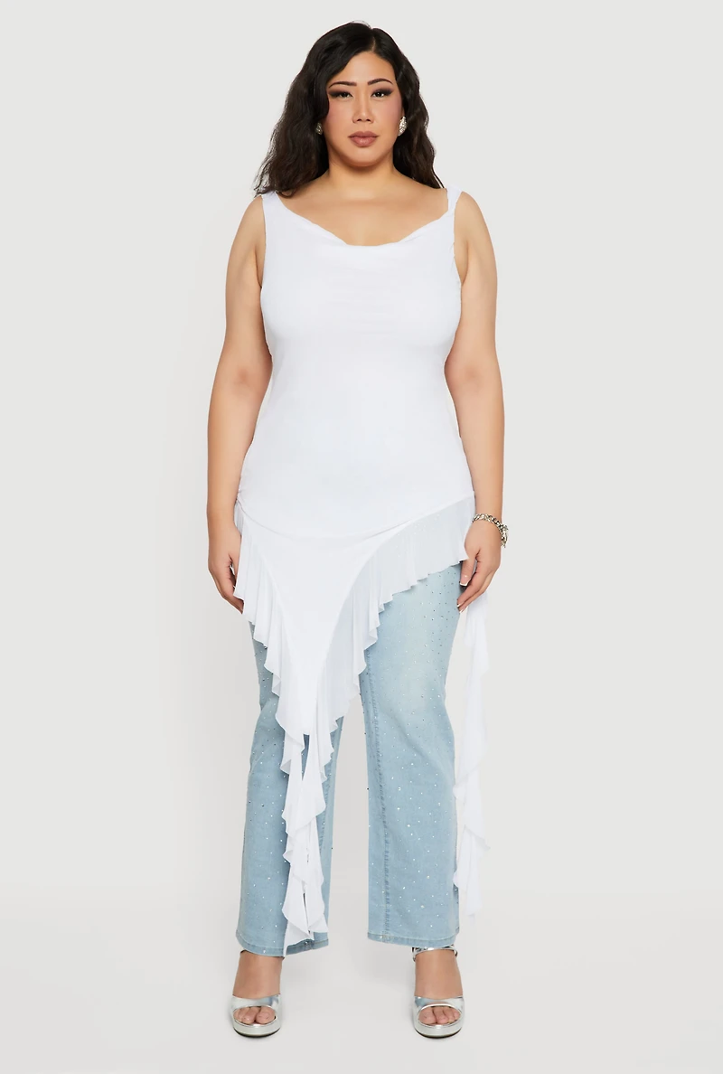 Plus Cowl Neck Asymmetrical Ruffle Hem Maxi Top