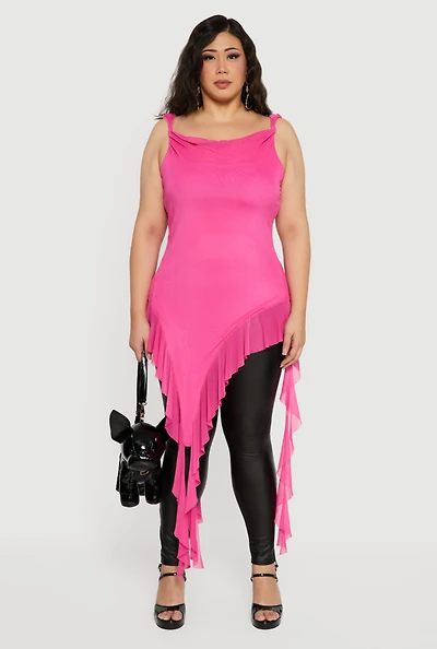 Plus Cowl Neck Asymmetrical Ruffle Hem Maxi Top