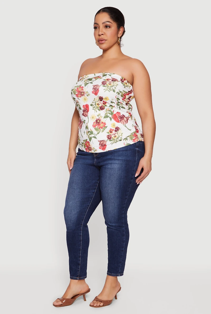 Plus Floral Print Side Ruched Tube Top