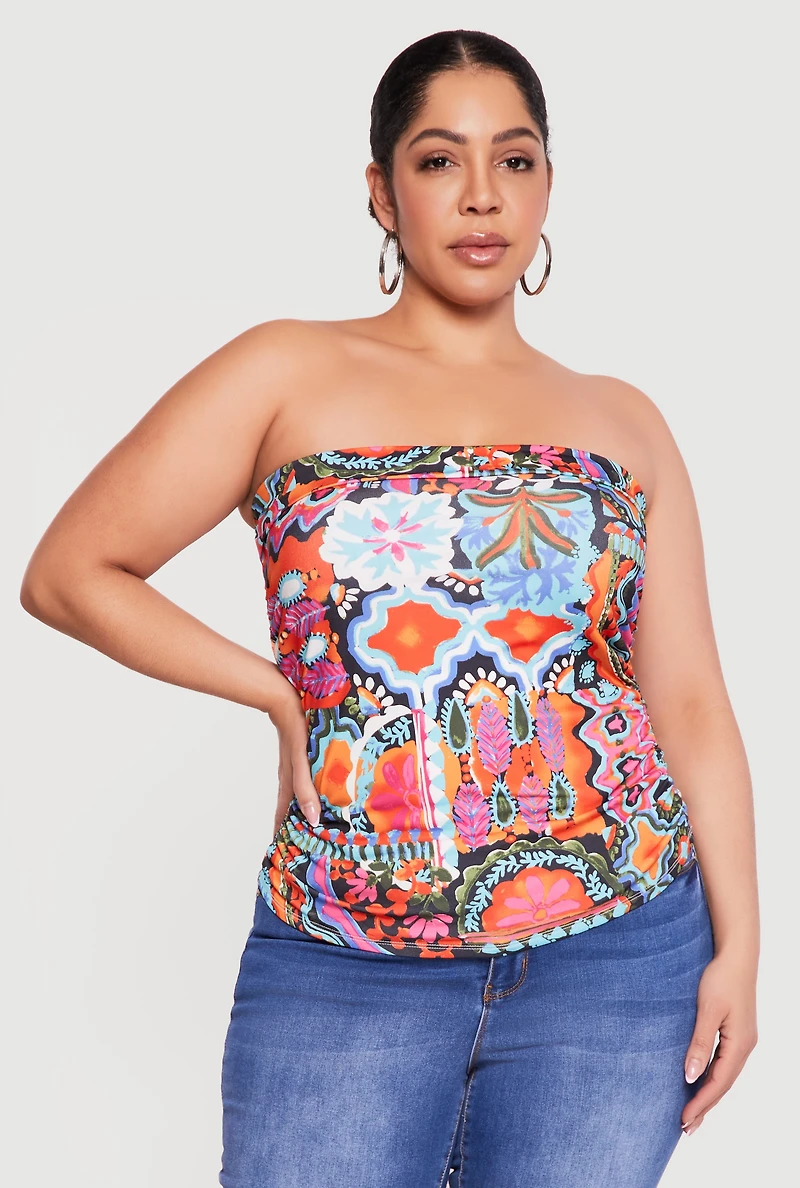 Plus Floral Print Side Ruched Tube Top
