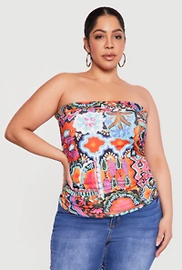 Plus Floral Print Side Ruched Tube Top