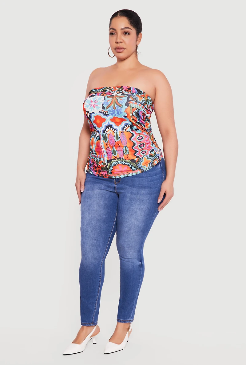 Plus Floral Print Side Ruched Tube Top