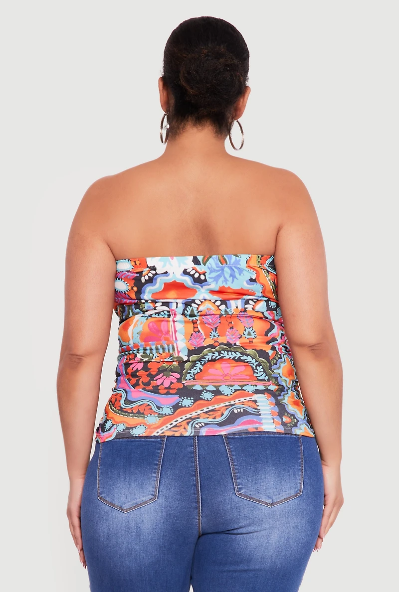 Plus Floral Print Side Ruched Tube Top