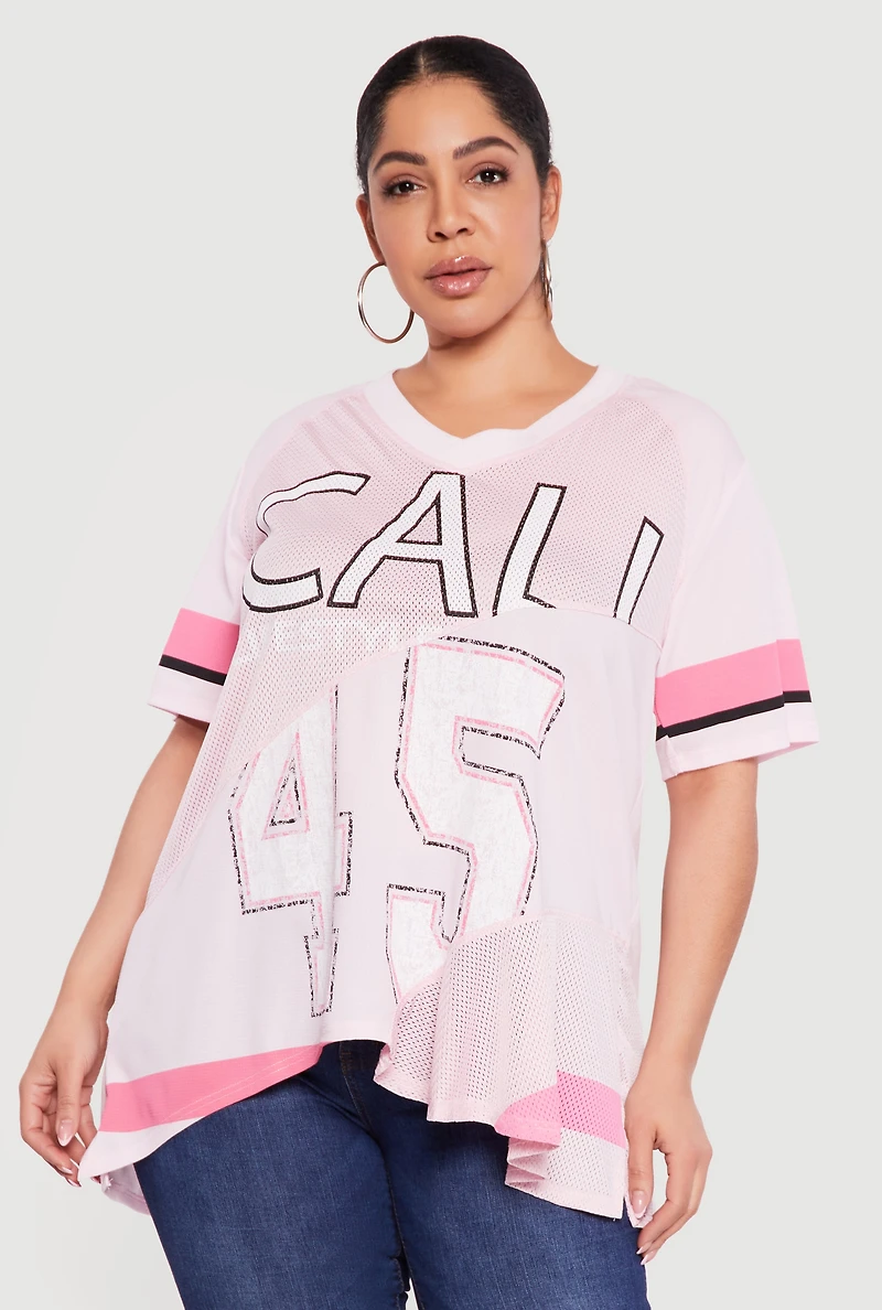 Plus Oversized Cali 45 Patchwork Graphic Mesh Jersey