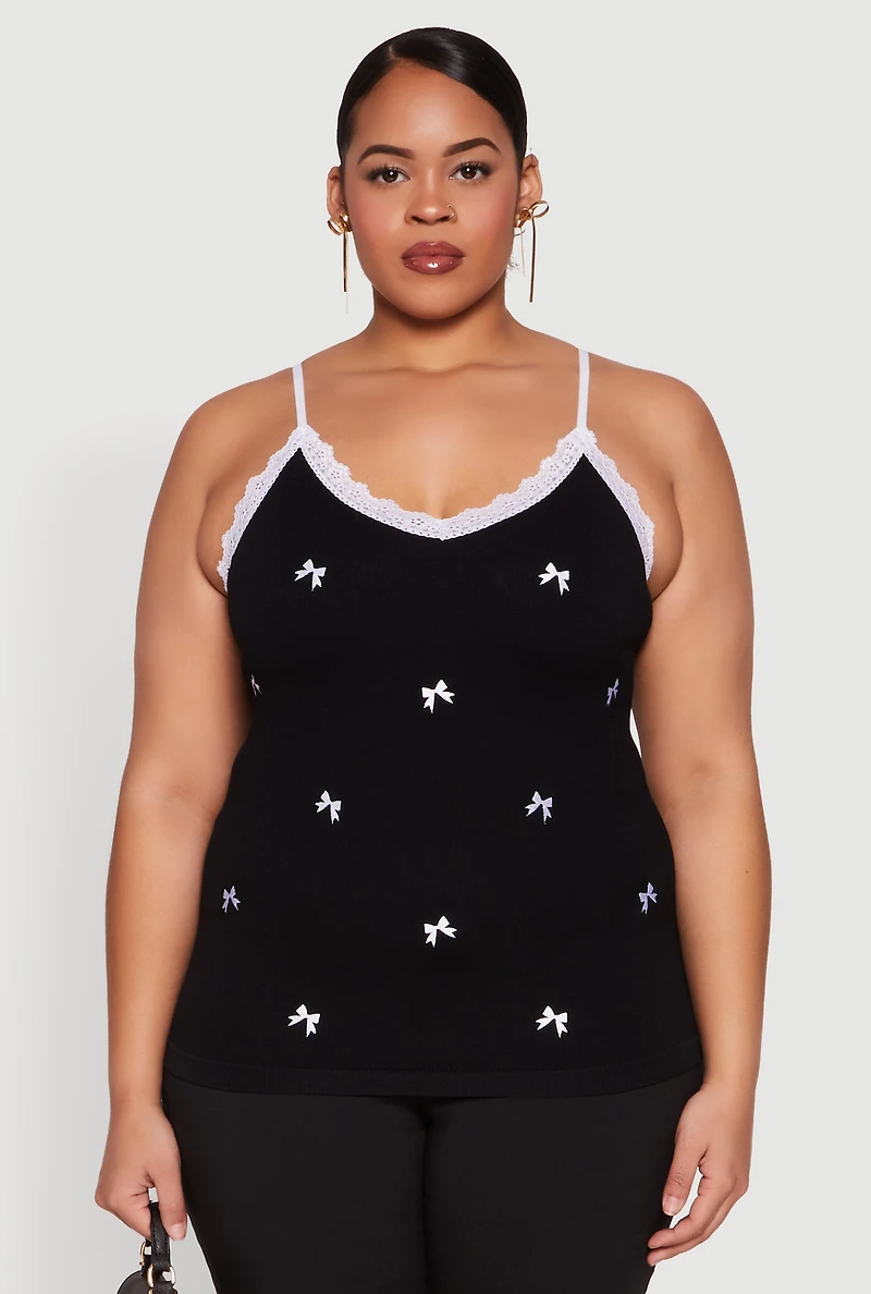 Womens Plus Bow Embroidered Lace Trim Cami,