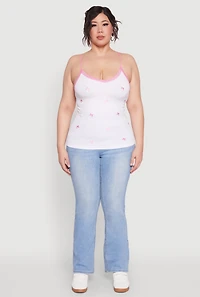 Womens Plus Size Bow Embroidered Lace Trim Cami, White, Size 2X