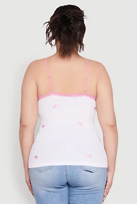 Womens Plus Size Bow Embroidered Lace Trim Cami, White, Size 2X