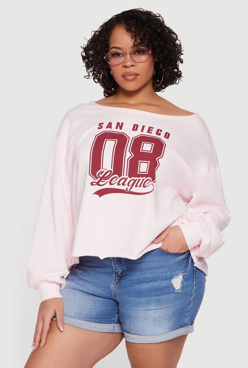 Plus Almost Famous Long Sleeve Boat Neck Graphic Top