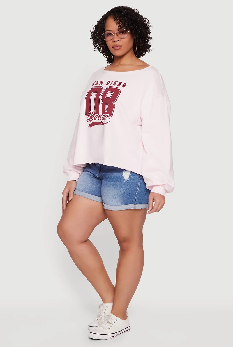 Plus Almost Famous Long Sleeve Boat Neck Graphic Top