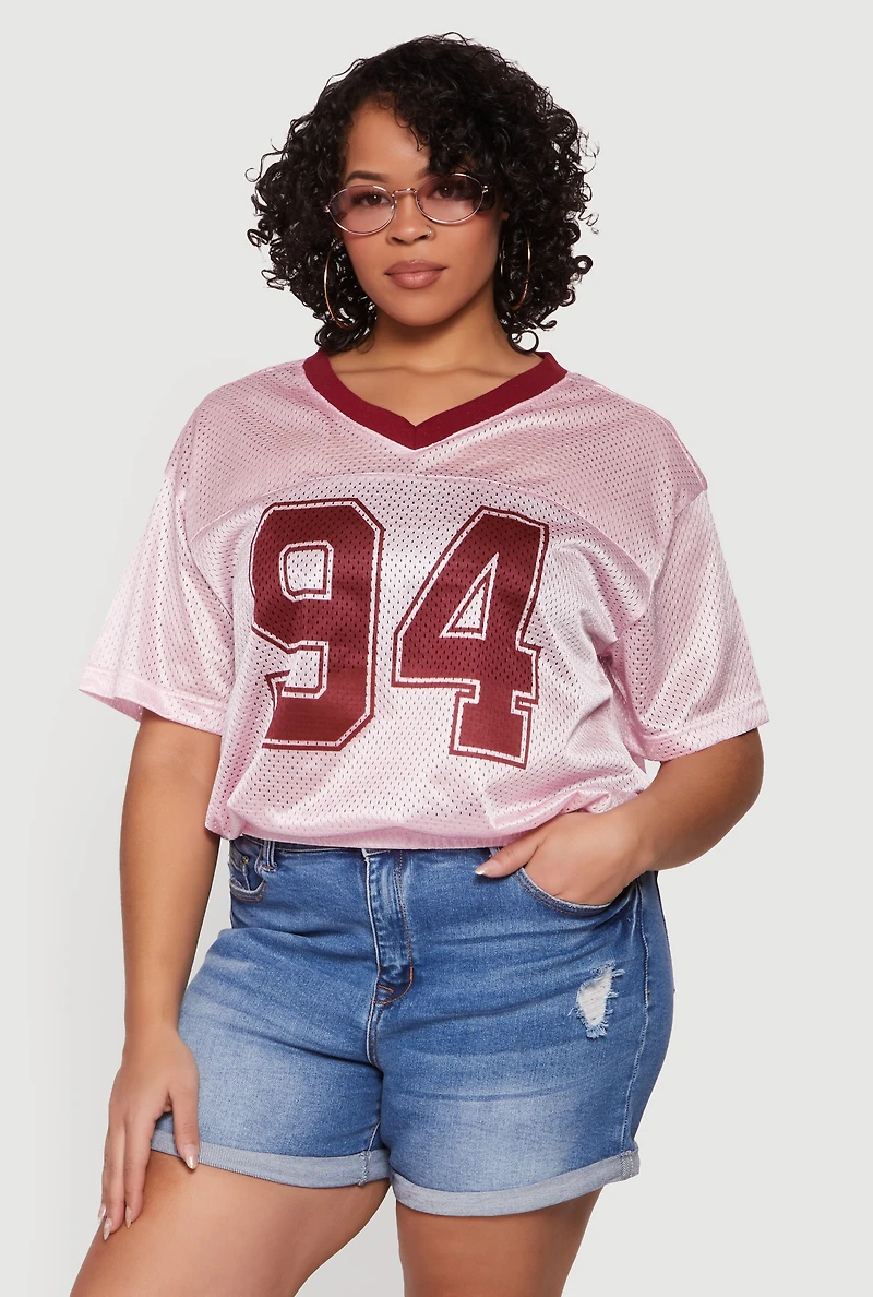 Plus Contrast Trim Bubble Hem Graphic Mesh Jersey