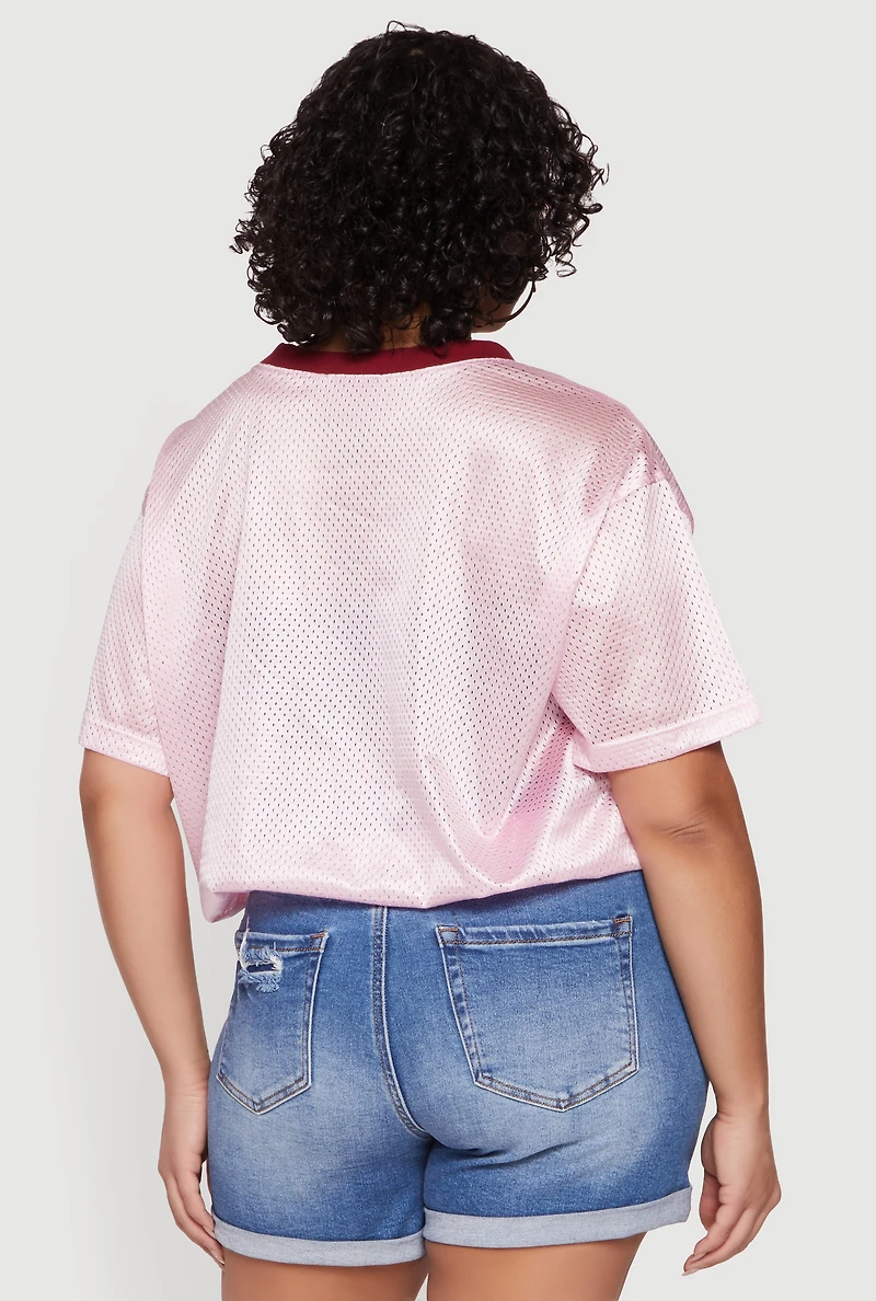 Plus Contrast Trim Bubble Hem Graphic Mesh Jersey