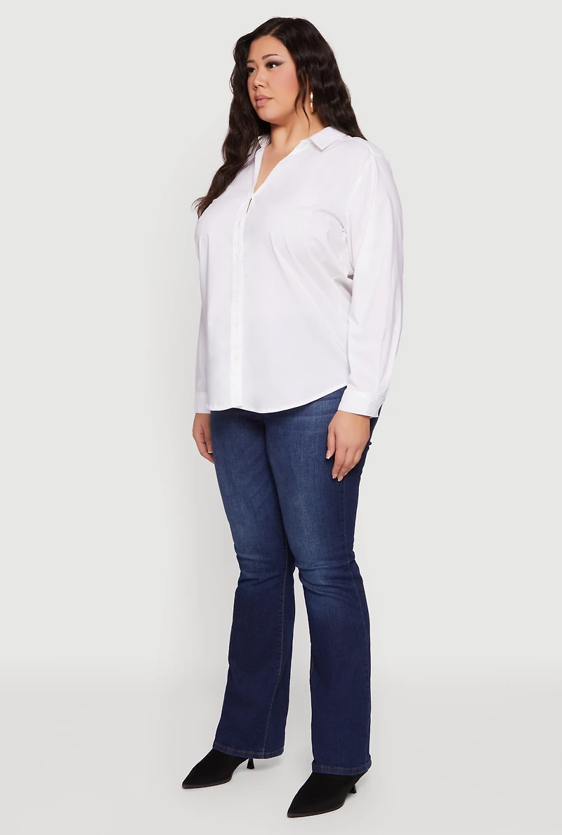 Womens Plus Size Button Front Long Sleeve Shirt, White, Size 2X