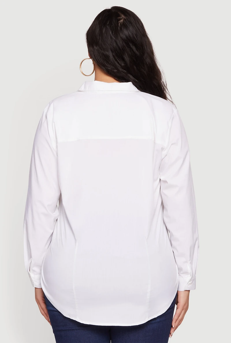 Womens Plus Size Button Front Long Sleeve Shirt, White, Size 2X