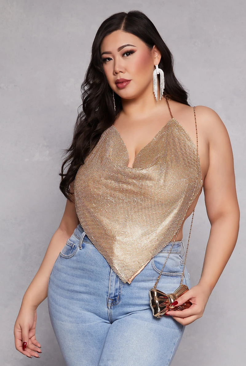 Womens Plus Size Spoon Jeans Rhinestone Halter Top, Yellow, Size 3X