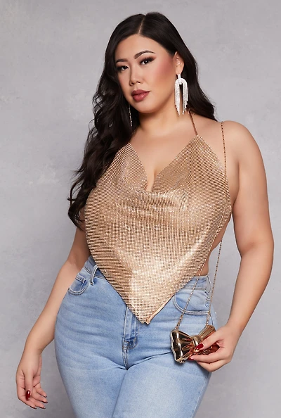 Womens Plus Size Spoon Jeans Rhinestone Halter Top, Yellow, Size 3X
