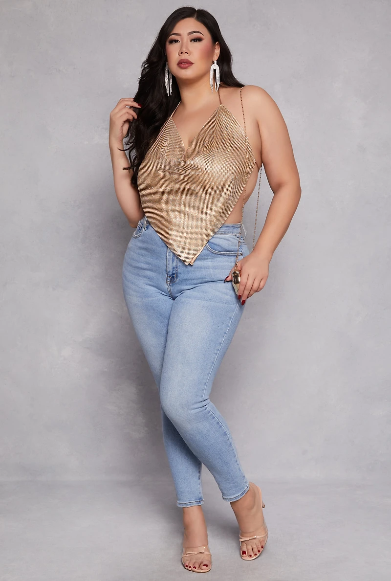 Womens Plus Size Spoon Jeans Rhinestone Halter Top, Yellow, Size 1X
