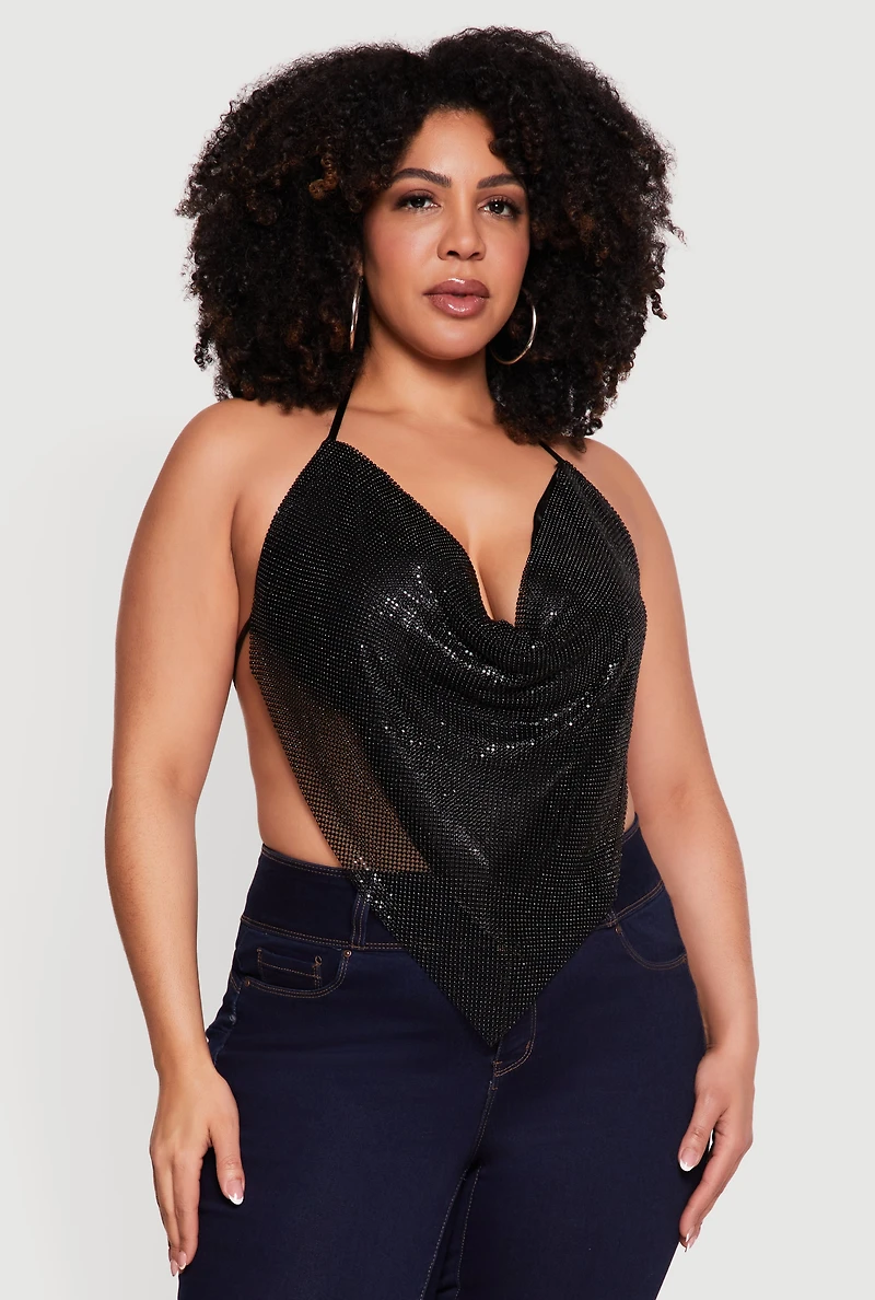 Plus Rhinestone Hanky Hem Halter Top