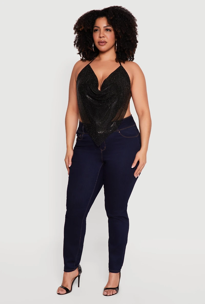Plus Rhinestone Hanky Hem Halter Top