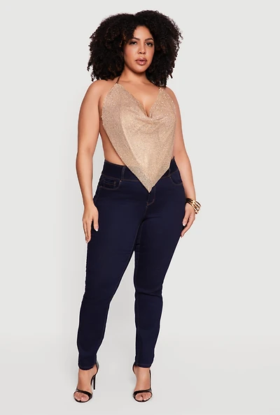 Plus Rhinestone Hanky Hem Open Back Halter Top