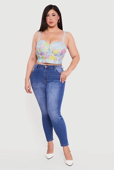 Plus Convertible Patterned Mesh Bustier Crop Top