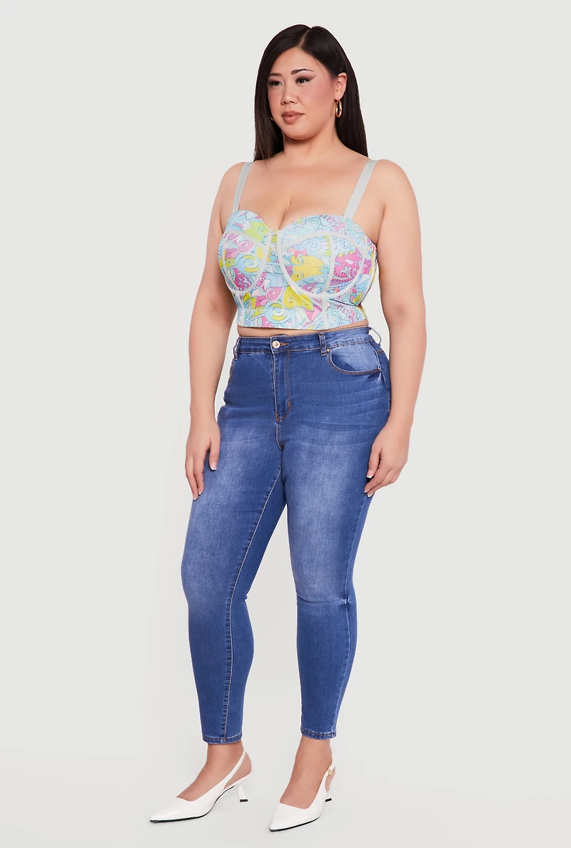 Plus Convertible Patterned Mesh Bustier Crop Top