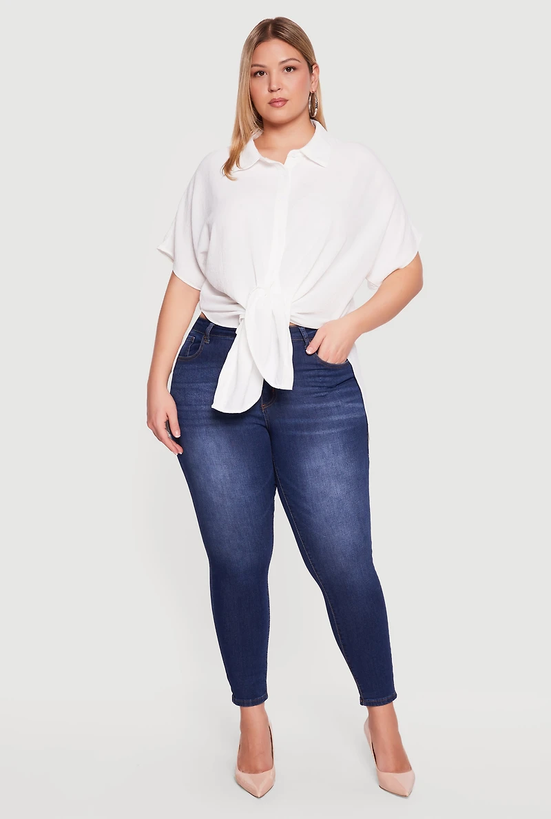 Plus Airy Crepe Knit Tie Front Shirt