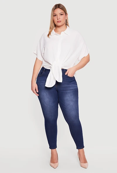 Plus Airy Crepe Knit Tie Front Shirt