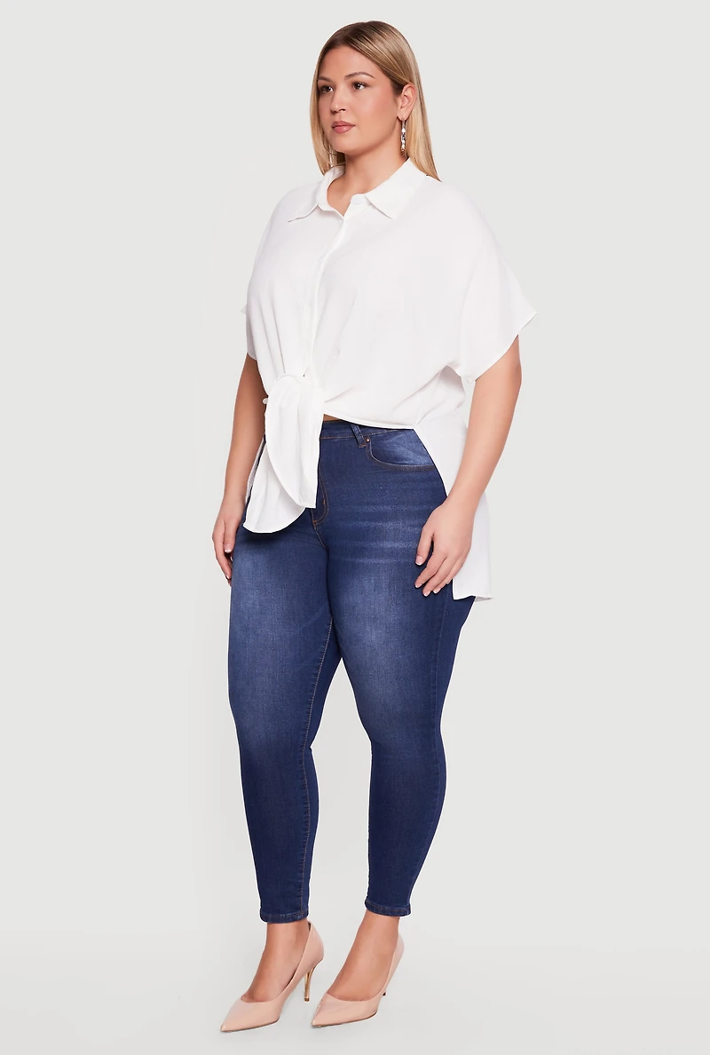 Plus Airy Crepe Knit Tie Front Shirt
