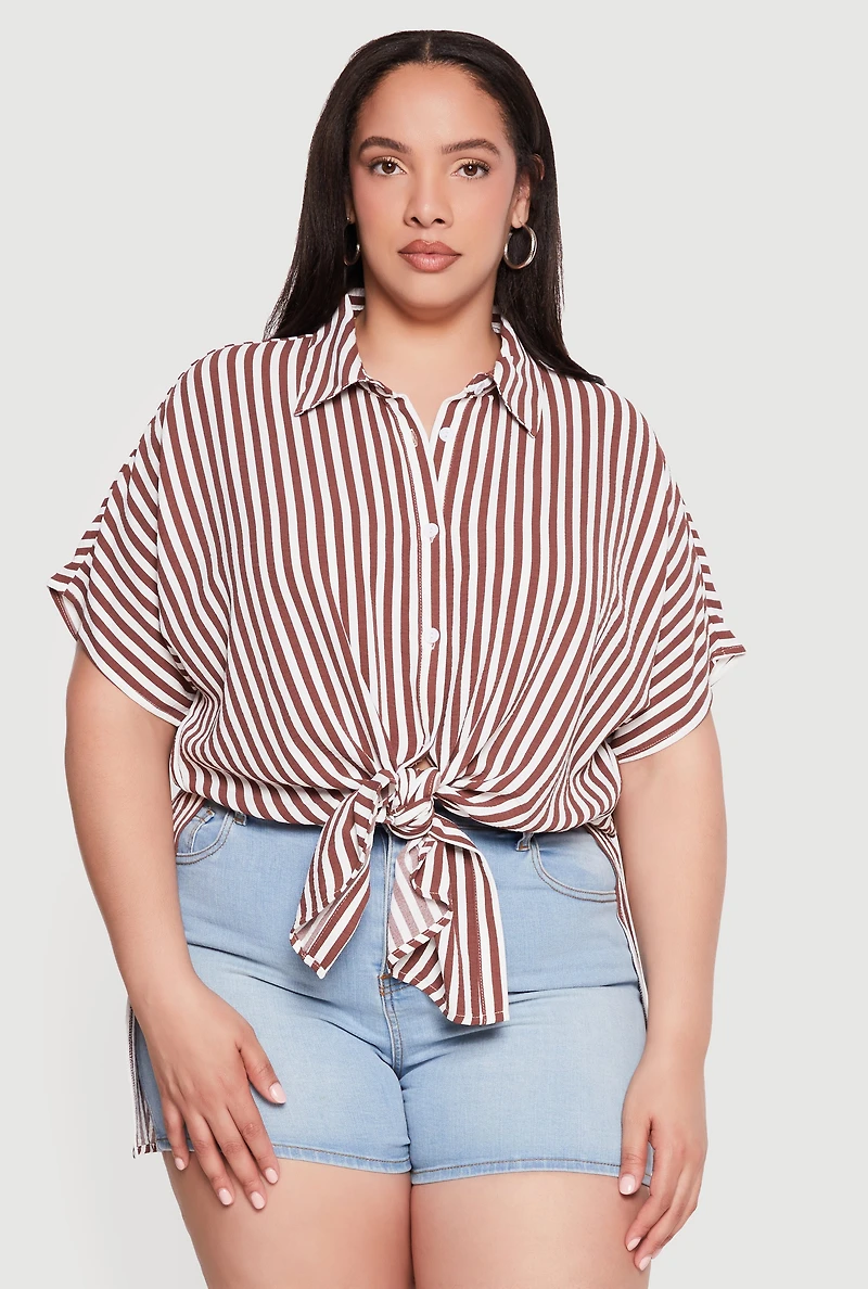 Plus Striped Side Slit Tie Front Shirt