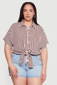 Plus Striped Side Slit Tie Front Shirt