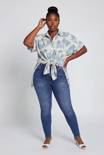 Plus Toile de Jouy Tie Front Tunic Shirt