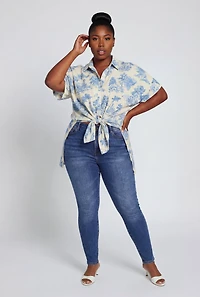 Plus Toile de Jouy Tie Front Tunic Shirt