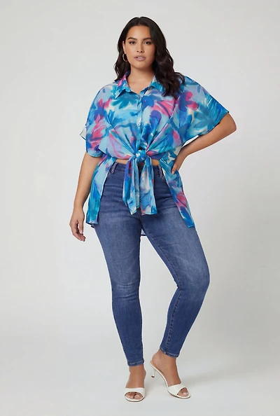 Plus Floral Print Shirt with Tie Front Detail