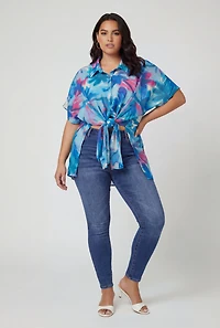 Plus Floral Print Shirt with Tie Front Detail