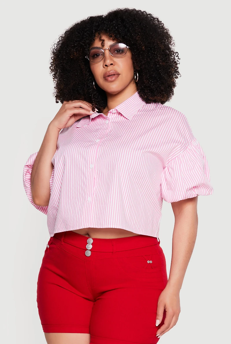 Plus Striped Bubble Sleeves Crop Shirt