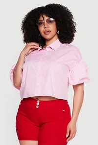 Plus Striped Bubble Sleeves Crop Shirt