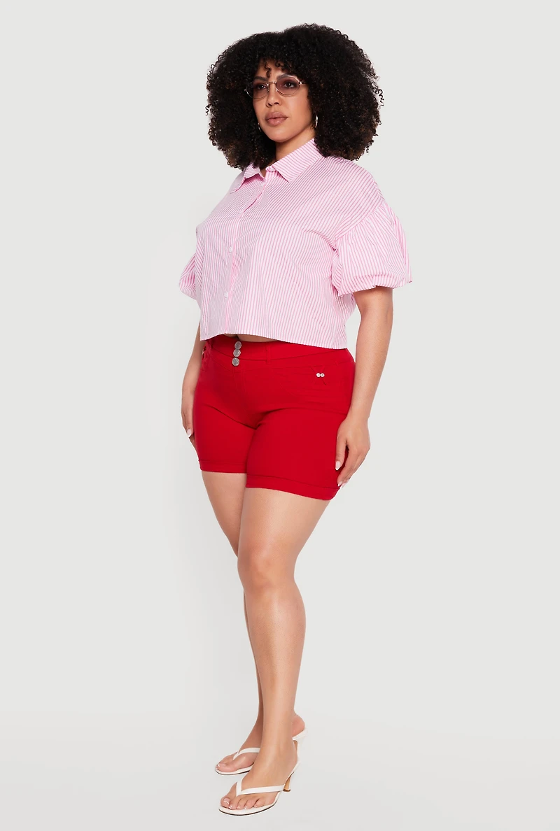 Plus Striped Bubble Sleeves Crop Shirt