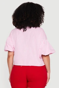 Plus Striped Bubble Sleeves Crop Shirt