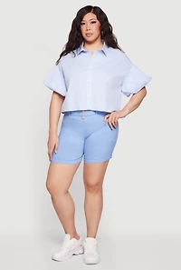 Plus Striped Bubble Sleeves Crop Shirt