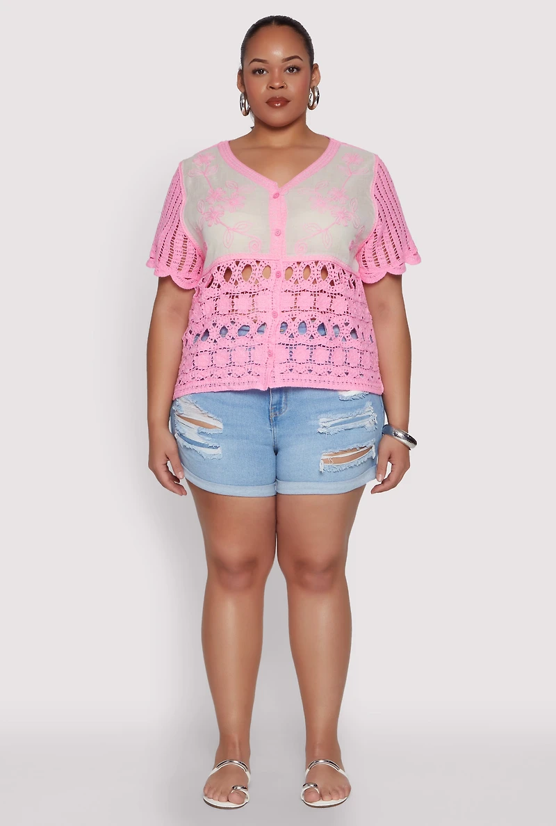 Womens Plus Size Scalloped Crochet Top, Pink, Size 3X