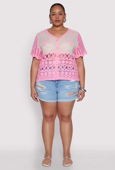 Womens Plus Size Scalloped Crochet Top, Pink, Size 3X