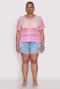 Womens Plus Size Scalloped Crochet Top, Pink, Size 3X