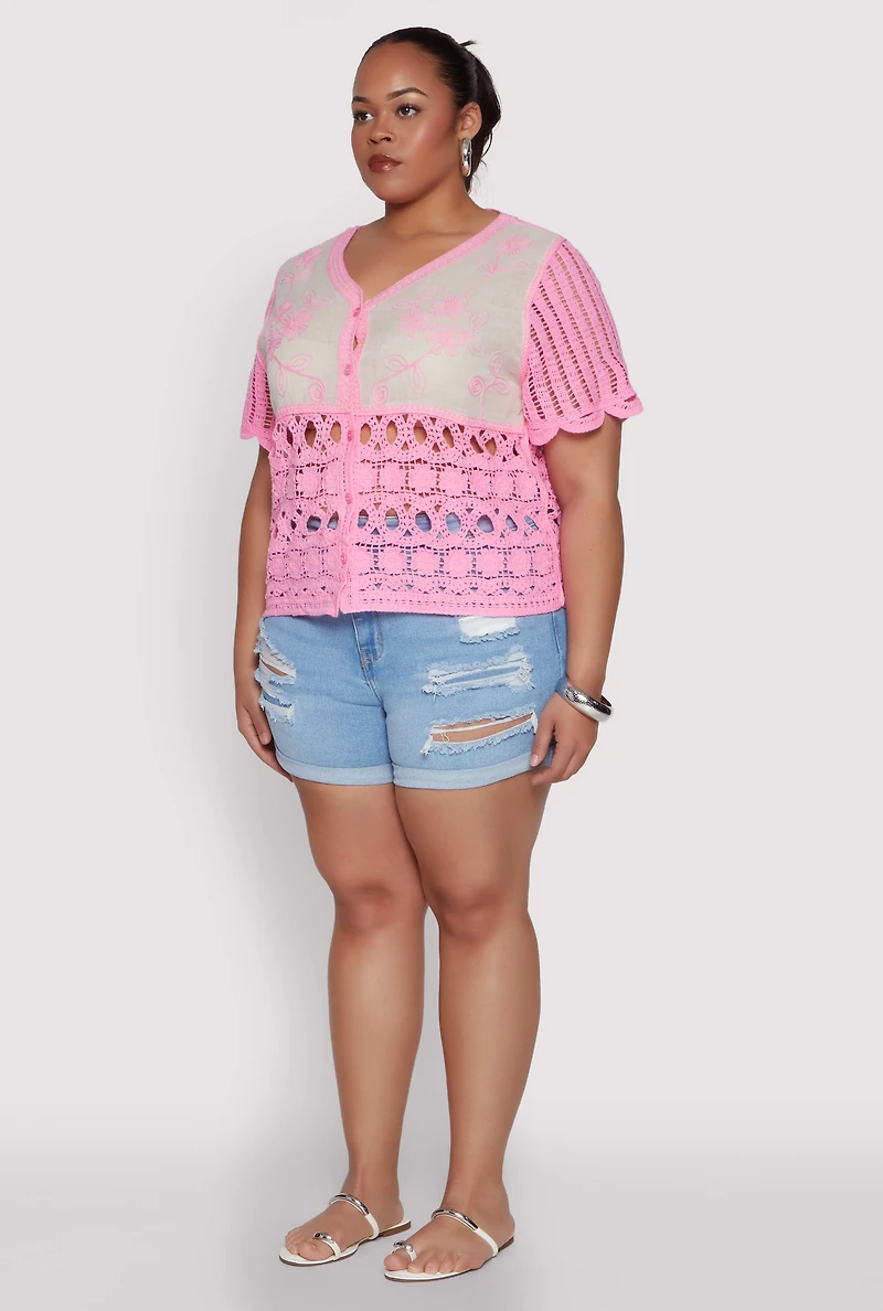 Womens Plus Size Scalloped Crochet Top, Pink, Size 1X