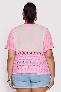 Womens Plus Size Scalloped Crochet Top, Pink, Size 1X