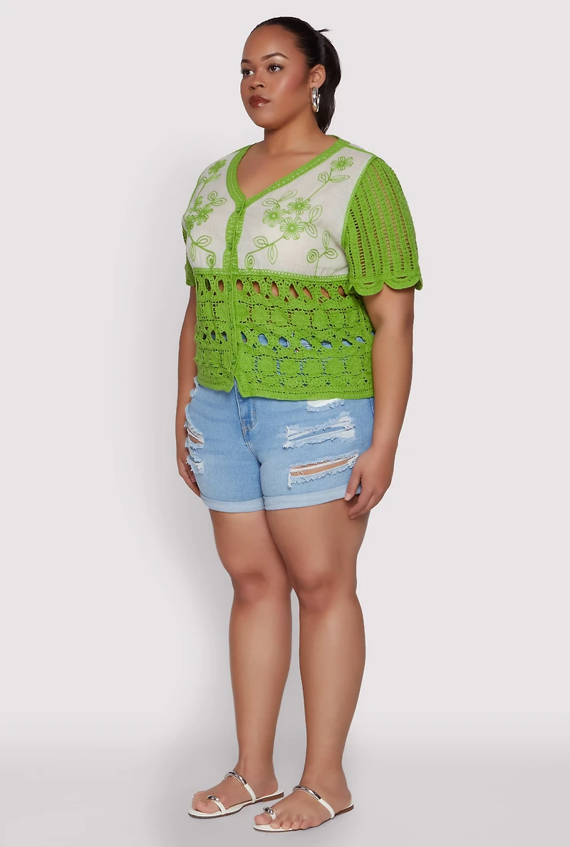 Womens Plus Scalloped Crochet Top, Green,