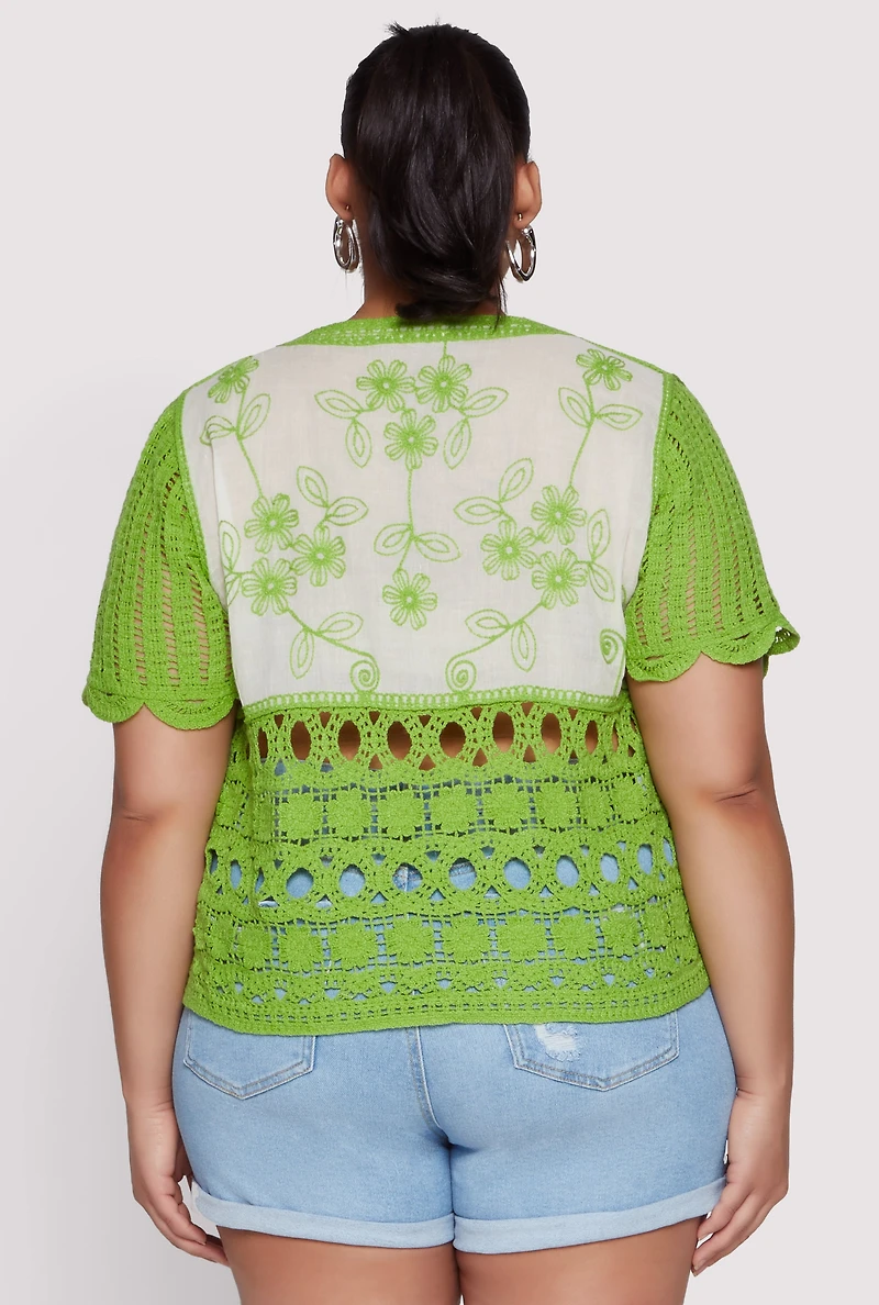 Womens Plus Scalloped Crochet Top, Green,