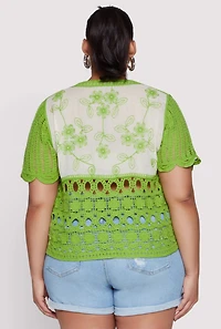 Womens Plus Scalloped Crochet Top, Green,